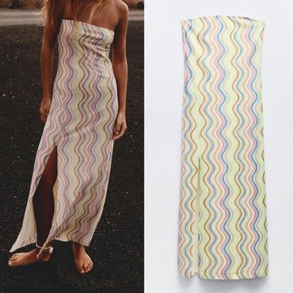Zara strapless wavy stripe print tulle dress bandeau midi